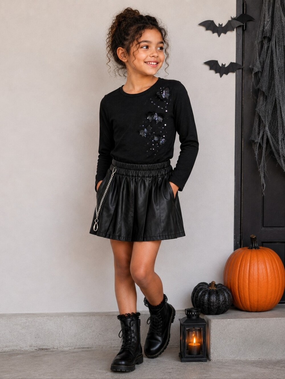 H&M Girls Black Sequin Bat Long Sleeve Shirt Halloween Goth Size 8-10